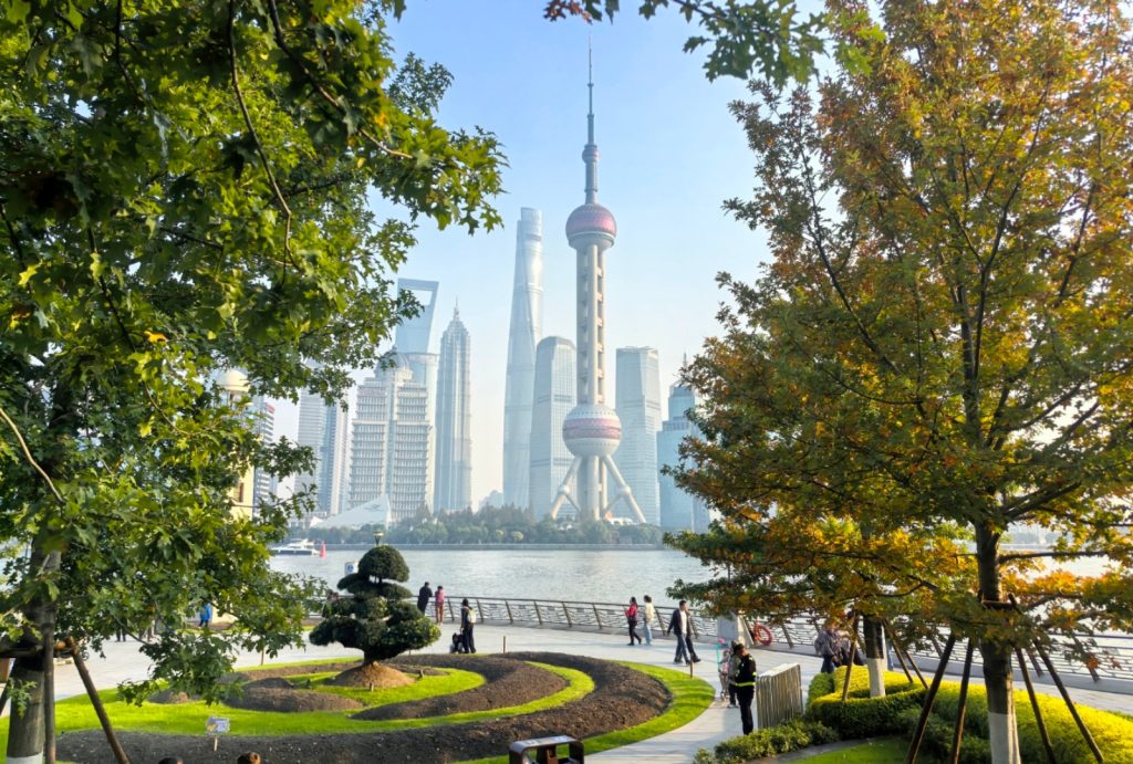 A view of Shanghai's North Bund with the Huangpu River and city skyline.