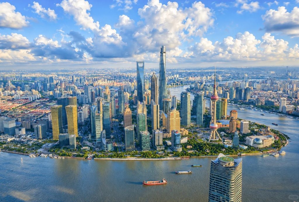 Aerial wide panoramic view of Lujiazui financial district  from the Bund, Shanghai