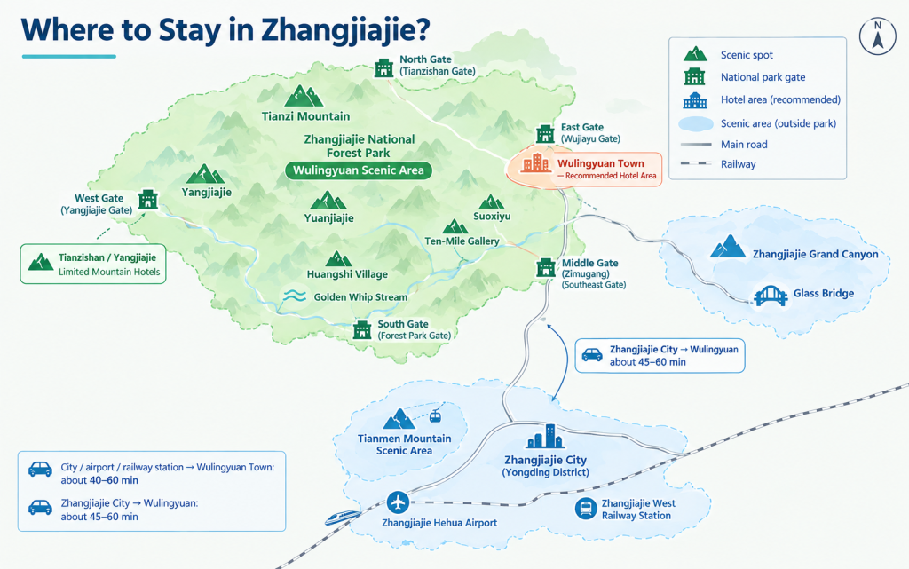 Where to Stay in Zhangjiajie map showing Wulingyuan, Zhangjiajie City, major attractions, railway station and airport (Map for reference only)