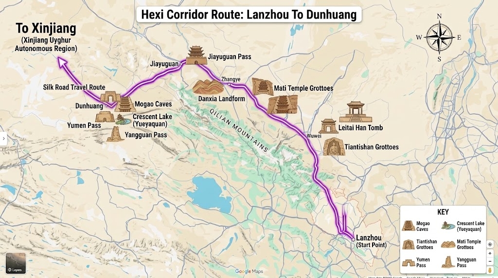 Hexi Corridor route map from Lanzhou to Dunhuang via Wuwei, Zhangye, and Jiayuguan(Map for reference only)