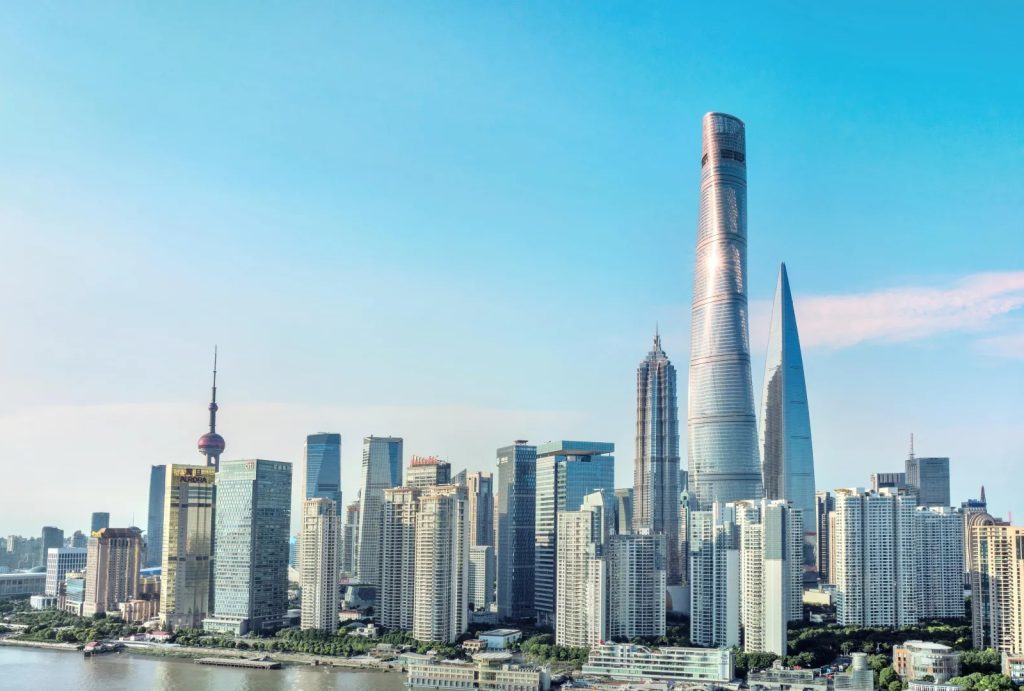 Lujiazui financial district skyscrapers including Shanghai Tower, Oriental Pearl Tower and World Financial Center