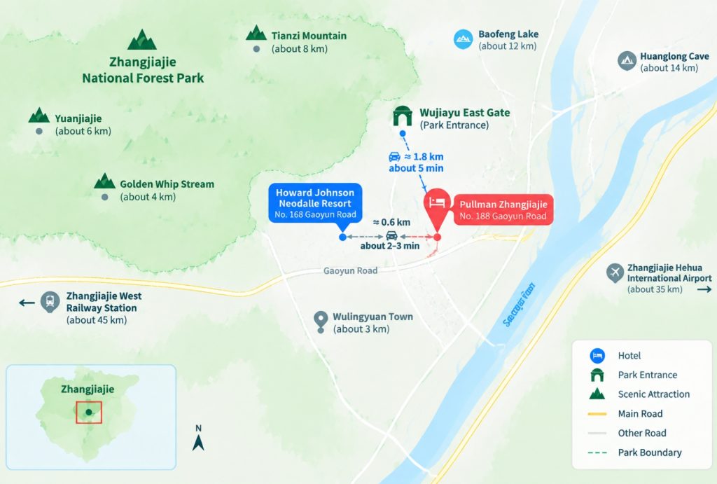 Map of Zhangjiajie Wulingyuan Scenic Area, marking Howard Johnson Neodalle Resort and Pullman Zhangjiajie. For reference only.