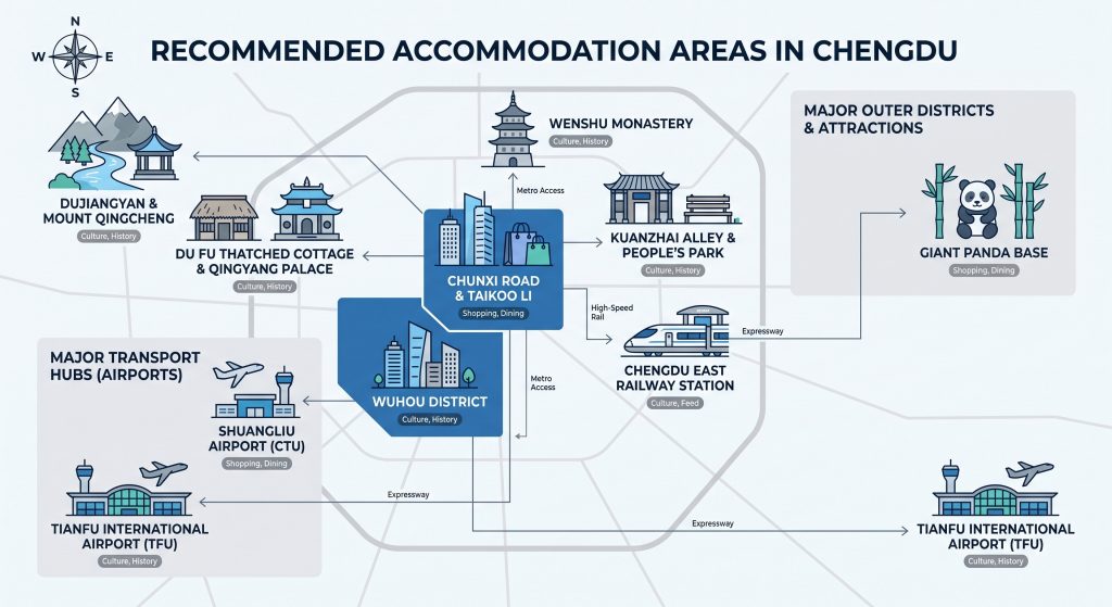 Where to stay in chengdu—Map of recommended accommodation areas in Chengdu, showing nearby attractions and general directions.