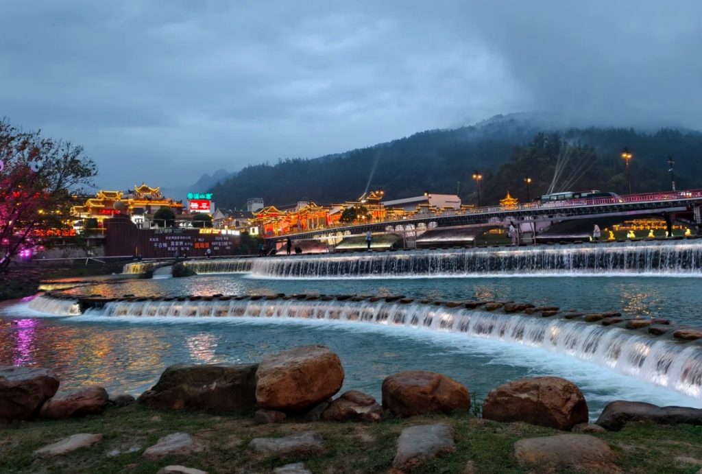 Night view of Wulingyuan district with restaurants, food street and hotels