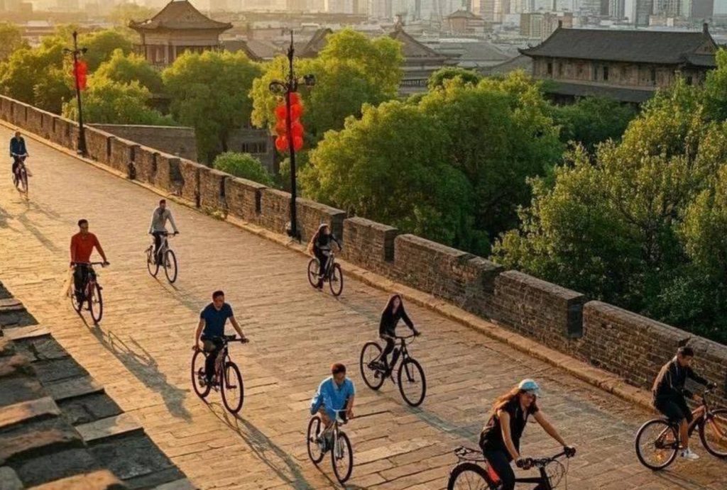 People cycling on Xi’an City Wall at sunset