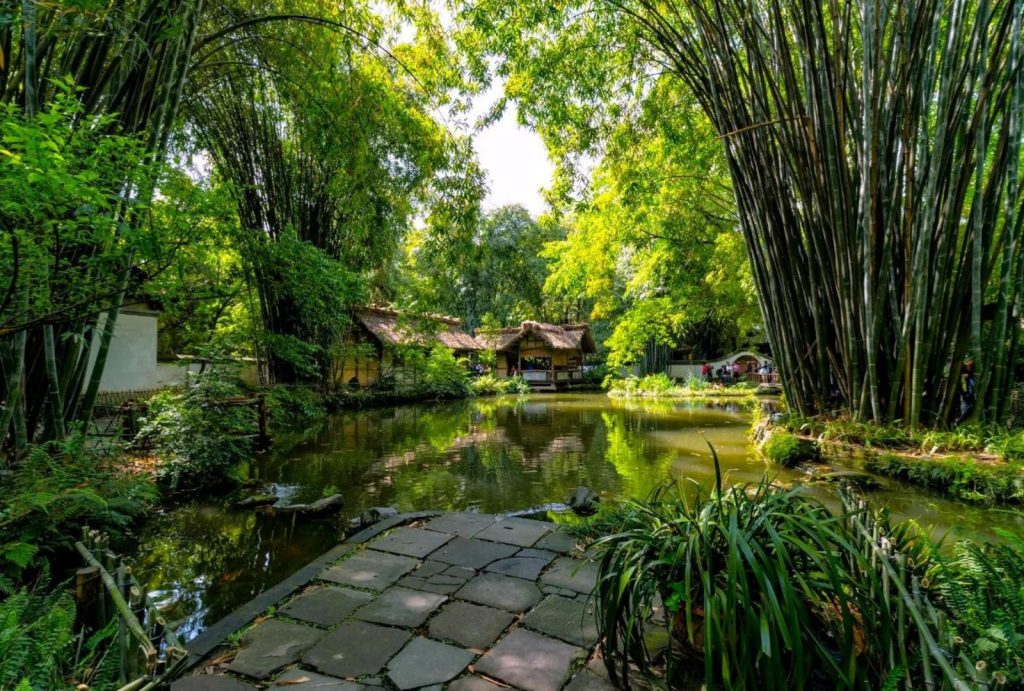 Traditional gardens and architecture at Chengdu Du Fu Thatched Cottage